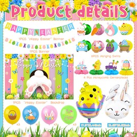Easter Decorations for Home Happy Easter Banner Buuny Backdrop Chick Balloons Eggs Hanging Swirls Bunny Honeycombs Table Centerpieces Decorations for Office School Easter Ornaments