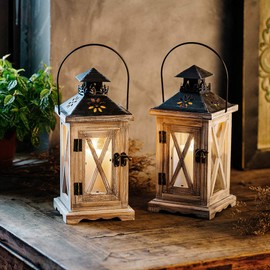 Sziqiqi Wooden Lanterns Rustic Decorative - Wood Candle Holder Centerpiece for Farmhouse Home Decor Wedding Hanging Distressed Moroccan Lantern Indoor
