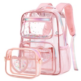 Girls Clear Backpack,2 PCS Clear Backpacks Set,Heavy Duty Bookbag Stadium Approved Daypack Transparent School Bag See Through Backpacks for Kids Elementary Middle School Students Teens Sport Pink