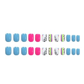 Short Press on Nails Square Fake Nails Blue Rose Red False Nails with Black Leopard Print Design Glue on Nails Colored Lined Stick on Nails Glossy Full Cover Acrylic Nails for Women Manicure 24Pcs