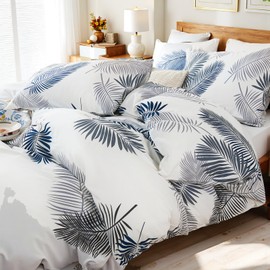 Cozaline 100% Cotton Duvet Cover Set King – White Botanical Leaf Print Bedding Set 3 Pieces, Soft Breathable Comforter Cover with Zipper Closure & Corner Ties, Tropical Aesthetic Bed Set