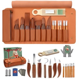 COZYGIFT Wood Carving Kit, 29-Piece Wood Carving Tools & Whittling Knives Set with 6 Detail Gouges, Sharpening Stone, Leather Strop Board, Sandpaper, Leather Roll Bag for Adult Beginners & Retirees
