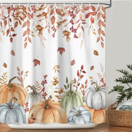 Fall Pumpkins Leaves Shower Curtain Yellow Orange Watercolor Eucalyptus Leaves Fabric Shower Curtain Set with Hooks, Autumn Thanksgiving Harvest Shower Curtains for Bathroom, 71x71 Bath Curtain