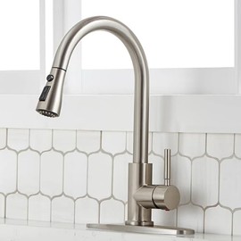 SHACO Kitchen Faucets, Kitchen Sink Faucet with Pull Down Sprayer, Brushed Nickel Stainless Steel Single Handle Pull Out Faucet for Kitchen Sink Bar Laundry RV Farmhouse, SC-KYT010L-D