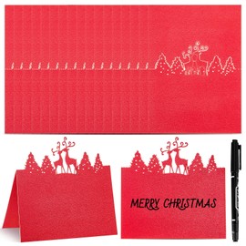 50 Pieces Christmas Glitter Reindeer Place Cards with Pen Christmas Tree Antler Seating Cards Winter Table Name Cards Seat Placement Cards for Christmas Holiday Dinner Wedding Birthday Party (Red)