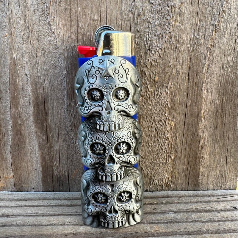 Three Skull Face Skeleton Metal Lighter Case Cover Holder fits