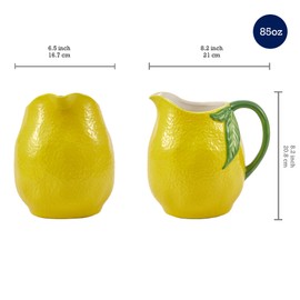 Bico Lemon Shape Cute Handpainted Stoneware Pitcher, Microwave & Dishwasher Safe, Jug for Water, Drinks, Mocktails