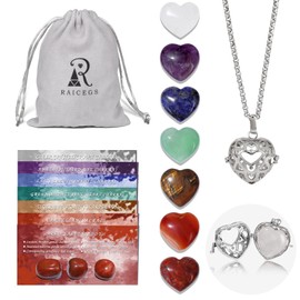Raicegs Heart Shaped Crystals and Healing Stones 7 Chakra Crystal Necklace 0.8 inch Heart Gemstones Natural Stones Necklaces for Women Spiritual Gift for Women Teen Gir
