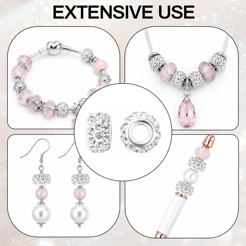 100PCS Rhinestone European Beads, Crystal and Polymer Clay Large Hole