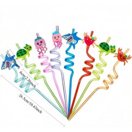 VNHATY 8 Pieces of Marine World Straws Reusable Curly Straws Suitable for Adults and Children Underwater World Theme Birthday Party Decoration Marine Animal Party Supplies