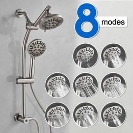 OUGOO Retrofit 2-Way Shower Head Combo, 8-Function Rainfall Shower Head with 9 Setting Handheld Shower Combo, Adjust Slide Bar and Shower Arm, 2.5 GPM, Drill-Free Shower System, Brushed Nickel
