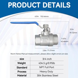 2 Pack Full Port Ball Valve 3/4 NPT 304 Stainless Steel 2 - chip ball valve Female Heavy Duty WOG1000 for Water，Oil，Gas with Locking Devic (3/4", 2)
