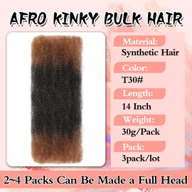 Afro Kinkys Bulk Hair for Dreadlock Extensions 3 Bundles 90g Micro Twist Repair Locs Braiding Crochet Hair Synthetic Afro Kinky Curly Braiding Hair for Black Women and Man (T30#, 14inch)