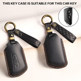 Black Genuine Leather Car Key Case Compatible with VW Volkswagen Golf 8, ID3, ID4, GTI, GTE, Seat Leon MK4, Tarraco, Ateca, Skoda Octavia 3 buttons Car Key Protective with Keychain