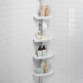 Bath Bliss Aluminum Corner Shower Organizer | 4 Tier | Holds Large Bottles | Expands 4Ft to 8Ft | Self Draining | Ant-fog Mirror | Accessory Hooks| Bathroom Storage | Space Saving | White