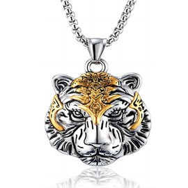 Silver Tiger Head Pendant Necklace for Boys Mens Stainless Steel Chain Wild Animal King Dangle Necklace Hippie Cool Street Rock Drop Necklace Jewelry (Tiger)