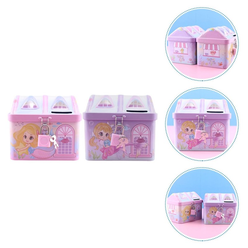 Mobestech 2pcs Adorable Mermaid Pattern Tinplate Coin Bank House Shaped