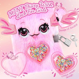 ENYILEE Mini Axolotl Diary with Lock, Kids Journal 4.7x6.1in with Pen and Stickers, Gift for Girls Ages 6-8