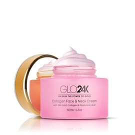 Crema de colágeno para rostro y cuello GLO24K con oro de 24k, colágeno y ácido hialurónico. Aumente los niveles de colageno de su piel para una piel radiante y resplandeciente.