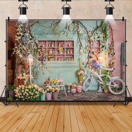 DORCEV 10x7ft Flower Shop Backdrop for Photography Bicycle Tulip Blossom Branches Green Florist Background Baby Shower Wedding Birthday Party Decor Kids Adults Portraits Photoshoot Photo Booth Props
