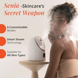 Vanity Planet Senia, Vaporizador Facial Frío y Caliente, 6 Modos de Uso, Sauna Facial, Pantalla LED, 220ml - Blanco/Oro Rosado
