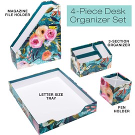 Global Printed Products Designer Printed Desk Organizer Set, Includes Letter Tray, Folder Stand, 3-Section Organizer, Pen Holder - Floral