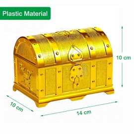 Treasure Chest, Plastic Pirate Treasure Box for Store the Pirate Party Decorations, Gold Coins, Reward Fake Money, Gemstones and Treasure Hunt, Mini Pirate Toys Chest 14 * 10 * 10 cm, Gold