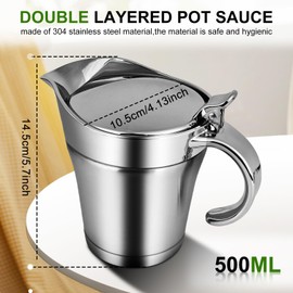 Stainless Steel Thermal Gravy Boat 500 ml, Double Insulated Sauce Jug, Elegant Silver Sauce Jug, 304 Stainless Steel Thermal Gravy Boat with Lid, Sauce Jug Sauce Cup Insulated Thermal Gravy Boat