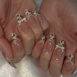 Almond Press on Nails Medium Fake Nails French Tip False Nails with Leopard print Designs 3D Bow Brown Cute Sparkly Glue on Nails for Women 24pcs