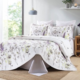 Y-PLWOMEN Queen Quilt Floral Bedspread, 100% Cotton Queen Size Quilt, White Purple Floral Quilt Sets Queen, Lightweight Soft Quilt Bedding Set for All Season, 3-Pieces