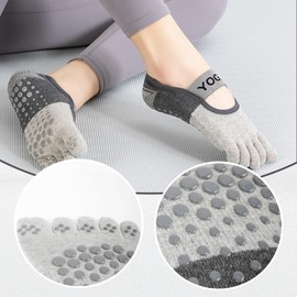 Fiohiros 2 Pairs Five Toe Yoga Socks, Yoga Grip Socks, Non Slip Pilates Socks, Yoga Socks (AU, Alpha, One Size, Regular, Regular, black+grey)