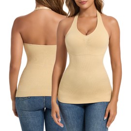 Joyshaper Women's Bra Shapewear Undershirt Tummy Control Shirts V-Neck Body Shaper Shirt Halterneck Tank Top, Beige/Adjustable Shoulder Strap, M