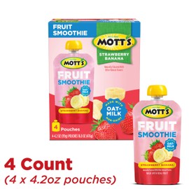 Mott’s Fruit Smoothies Strawberry Banana, 4.2 oz clear pouches, 4 Pack, Non-dairy, Made With Oatmilk, Made With Real Fruit, Good Source of Calcium, On-the-Go