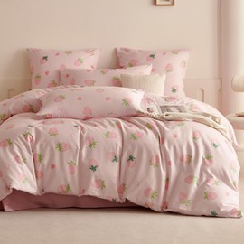 Bildenly Duvet Cover King Size Pink Strawberry Comforter Cover for Kids Girl Soft Breathable Microfiber Quilt Cover with Zipper Closure and 2 Pillowcases