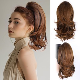 ZQIAN BEAUTY Claw Clip Ponytail Extension - 14 Inch Curly Ponytail Extension, Wavy Pony Tails Hair Extensions, Synthetic Hair Extensions Ponytail, Clip On Ponytails for Women (Color: Copper Brown)
