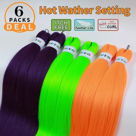 Colored Braiding Hair Pre Stretched Knotless Kanekalon Braiding Hair Colorful Prestretched Braiding Hair Soft As Human Hair Hot Water Setting Pre Stretched Braiding Hair,26inch 6pack