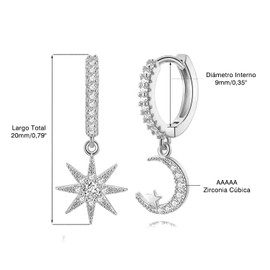 Pendientes de Aro TREE NEST Pendientes Colgante Diseño de Luna y Estrellas con Circonia Cúbica Pequeña, Aretes de Mujer Hipoalergénicos, Diametro Interno 0,35 Pulgadas Color Plata 10017P