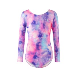 Gymnastics Leotards for Girls - Three-Piece Set with Sparkling Gradient Design, Long Sleeve Leotard, Shorts & Hairband for Ballet & Dance (Purple Galaxy, Tag 8A(7-8 Years))