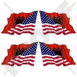 USA United States of America & ALBANIA, American-Albanian Flying Flag 2" (50mm) Vinyl Bumper Stickers, Decals x4 (Left-Right)