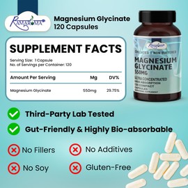 Pure Magnesium Glycinate 550 mg, Capsules to Support Optimal Health - 120 Capsules (Dual Month Pack), High Absorption by Ramaroma