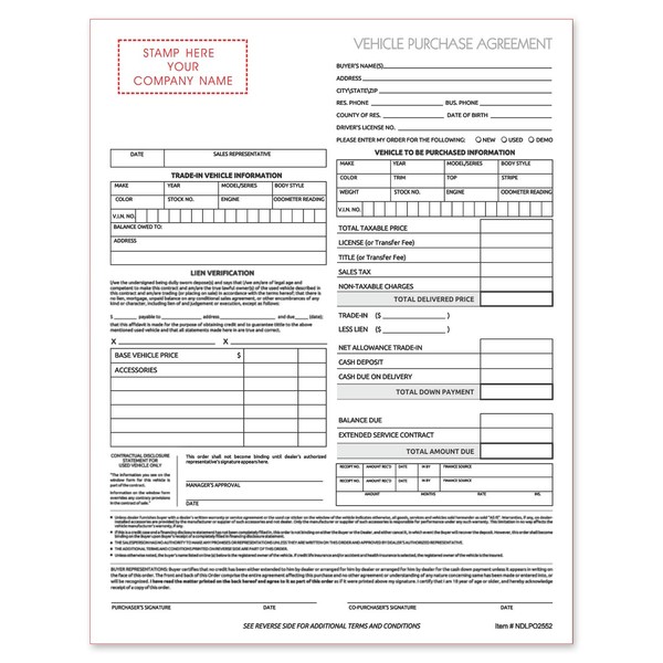 NextDayLabels - Used Vehicle Automotive Bill of Sale Purchase Agreement