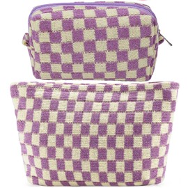 ZLFSRQ 2Pcs Checkered Makeup Bag for Women Large Small Checkered Cosmetic Bag Set Aesthetic Preppy Pencil Case Cute Pencil Pouch Purple Makeup Pouch for Purse Travel Toiletry Bags Zipper Skincare Bags
