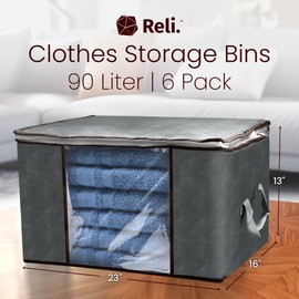 Reli. 90L Large Clothes Storage Bags (6 Pack) Closet Organizers and Storage Containers | Foldable Storage Bins with Lids & Handles | Clothes Storage for Towels, Comforters, Blanket Storage | Grey
