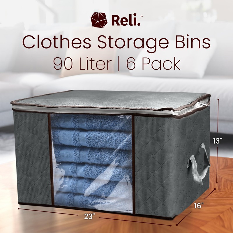 Reli. 90L Large Clothes Storage Bags (6 Pack) Closet Organizers