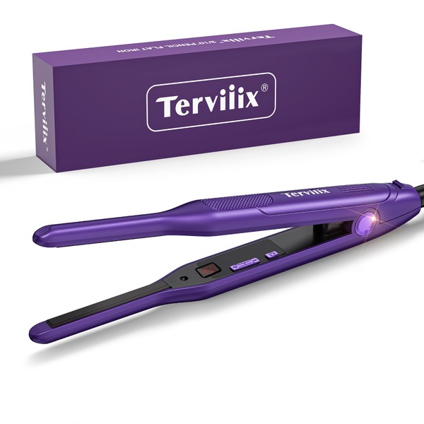 Terviiix Ceramic Pencil Flat Iron for Edges, 3/10 Inch Skinny Hair Straightener with LCD Digital Display, Mini Flat Iron for Pixie & Beard, Small Flat Irons for Short Hair, Auto Shut Off, Purple