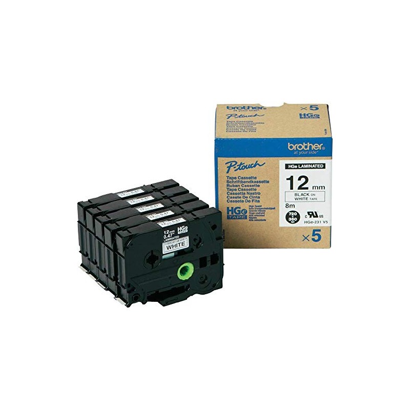 Brother HGe-231V5 Labelling Tape Cassette, Value Pack, Black on White,