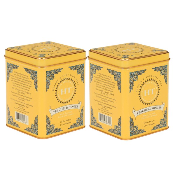 Harney & Son's Peaches and Ginger Black Tea Tin 20 Sachets (1.4 oz ea, Two Pack) - Black Tea Blend of Real Peaches and Ginger- 2 Pack 20ct Sachet Tins (40 Sachets)