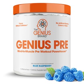 Genius Pre Caffeine-Free Pre Workout Boosted Energy, Focus, Performance Nootropic Formula AlphaSize, Citrulline Malate, CarnoSyn Beta Alanine Endurance, Stamina, Recovery, 20 Servings - Blue Raspberry