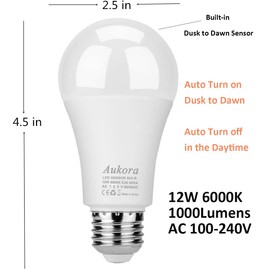 Aukora Led Dusk to Dawn Light Bulb 4 Pack, 12W (100-Watt Equivalent 1000lm) Smart Sensor Light Bulbs Indoor E26/E27 6000K Daylight A19 for Porch Yard Garage Garden Patio Outdoor (Cool White)