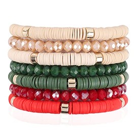 RIAH FASHION Bohemian Multi-Layer Beaded Stacking Statement Bracelets - Versatile Stretch Sparkly Crystal Beads Wrap Slip-on Bangle Set (Sparkly & Coin Bead Ombre 7 Layer - Christmas Mix)